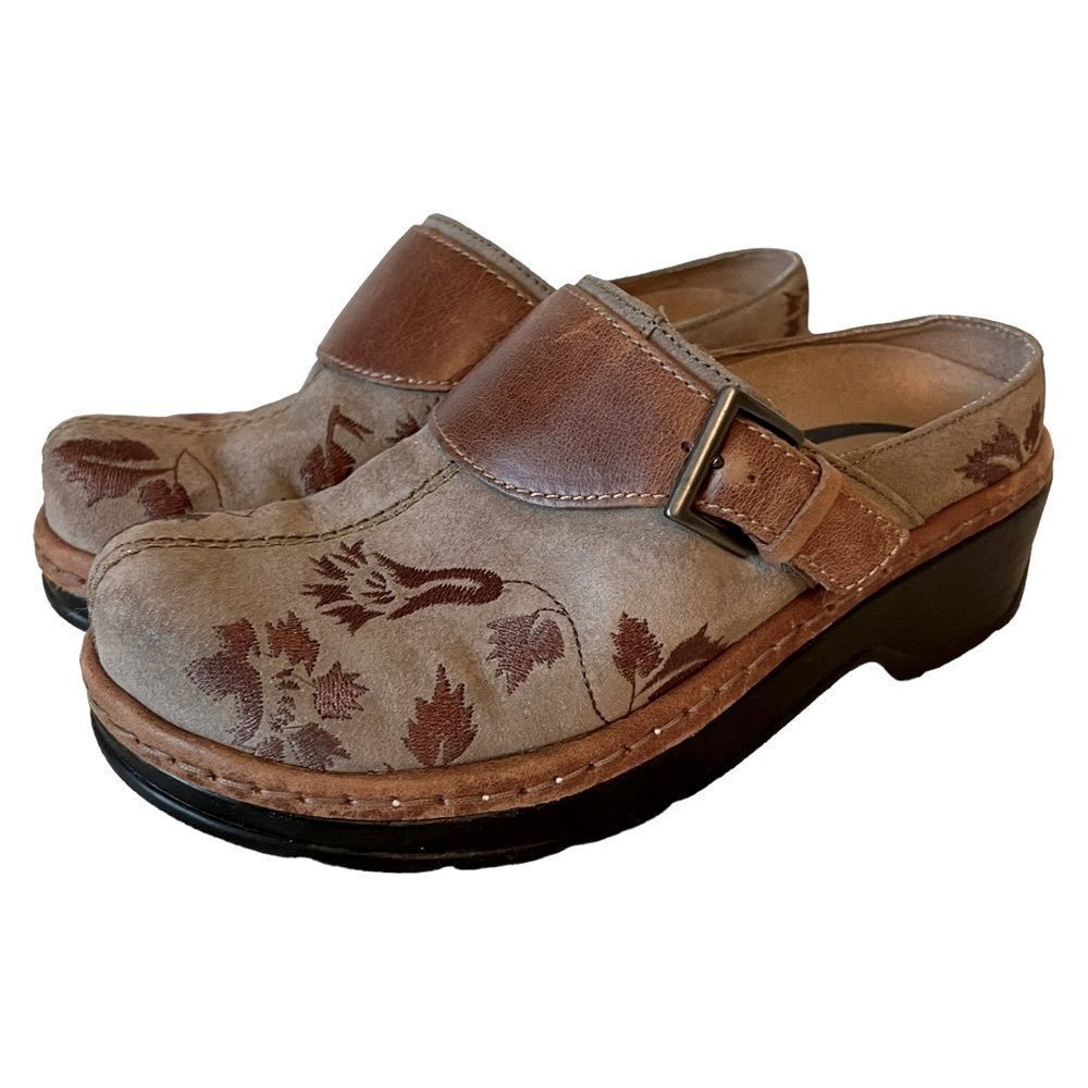 KLOGS woman’s Size 7.5 Clog Leather Upper Embroidered Brown with Buckle “Austin” - Picture 2 of 16